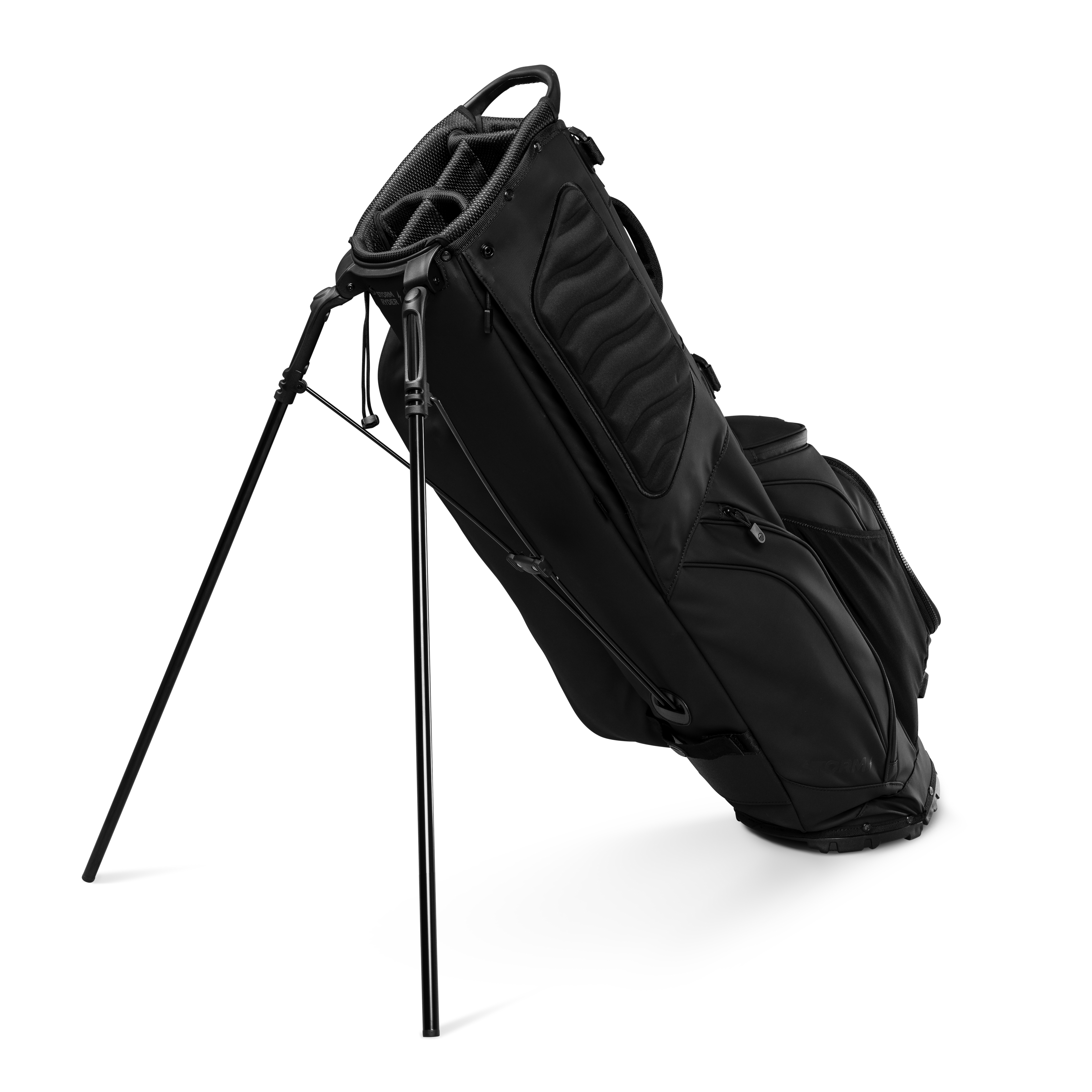 A full shot of standing Storm Ryder golf bag facing backward
