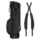 A full shot of Storm Ryder golf bag laying flat sideways beside its double strap
