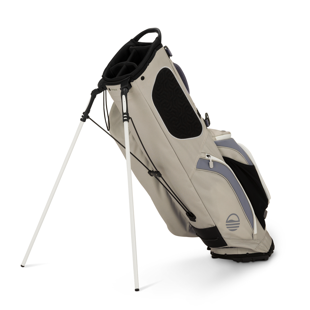 A full shot of standing Ryder golf bag in Cool Gray facing backward
