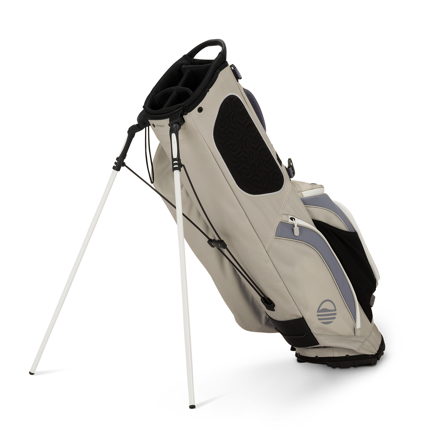 A full shot of standing Ryder golf bag in Cool Gray facing backward
