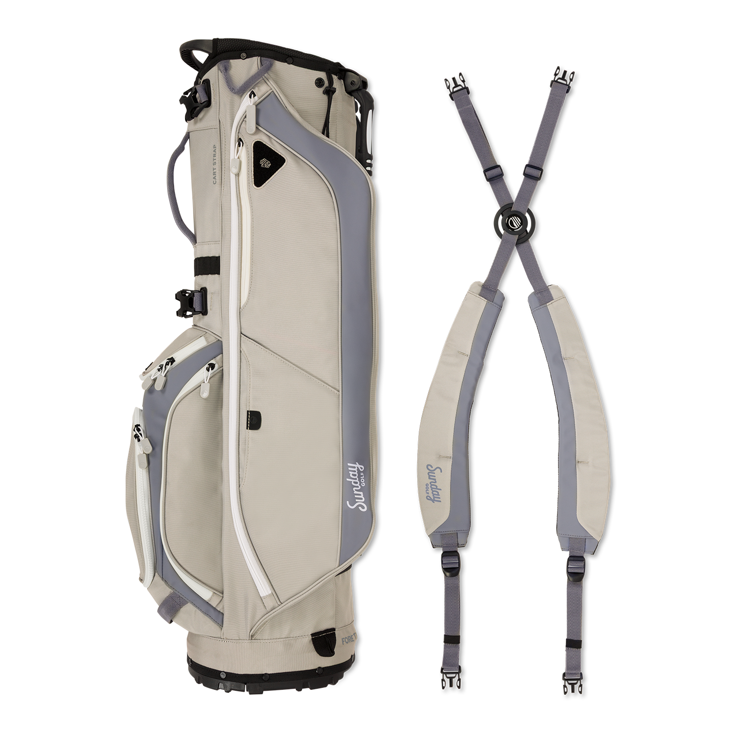 A full shot of Ryder golf bag in Cool Gray laying flat sideways beside its double strap

