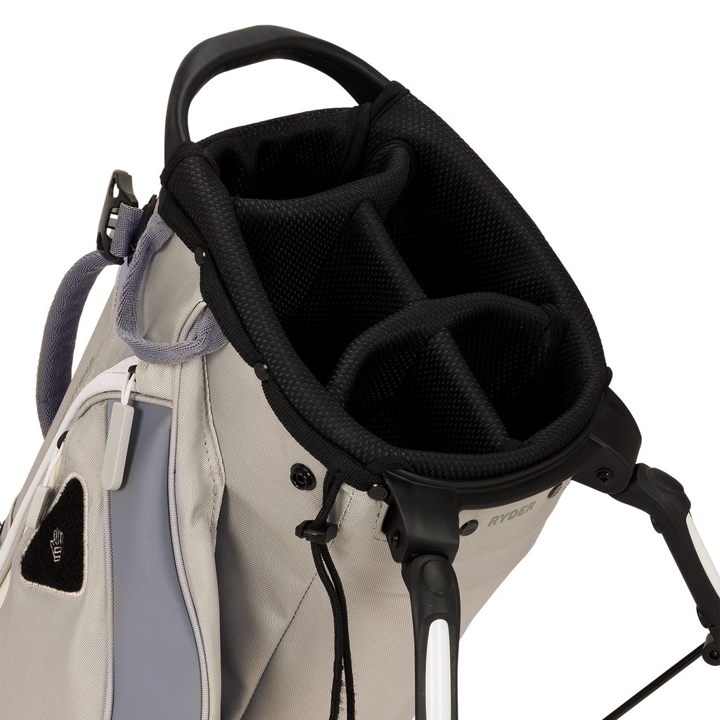 A close up top view of a Cool Gray ryder golf bag's 5 way divider  
