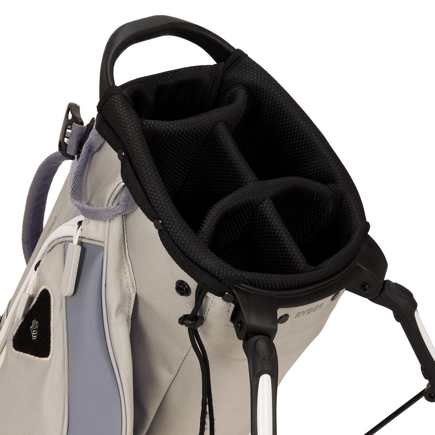 A close up top view of a Cool Gray ryder golf bag's 5 way divider  
