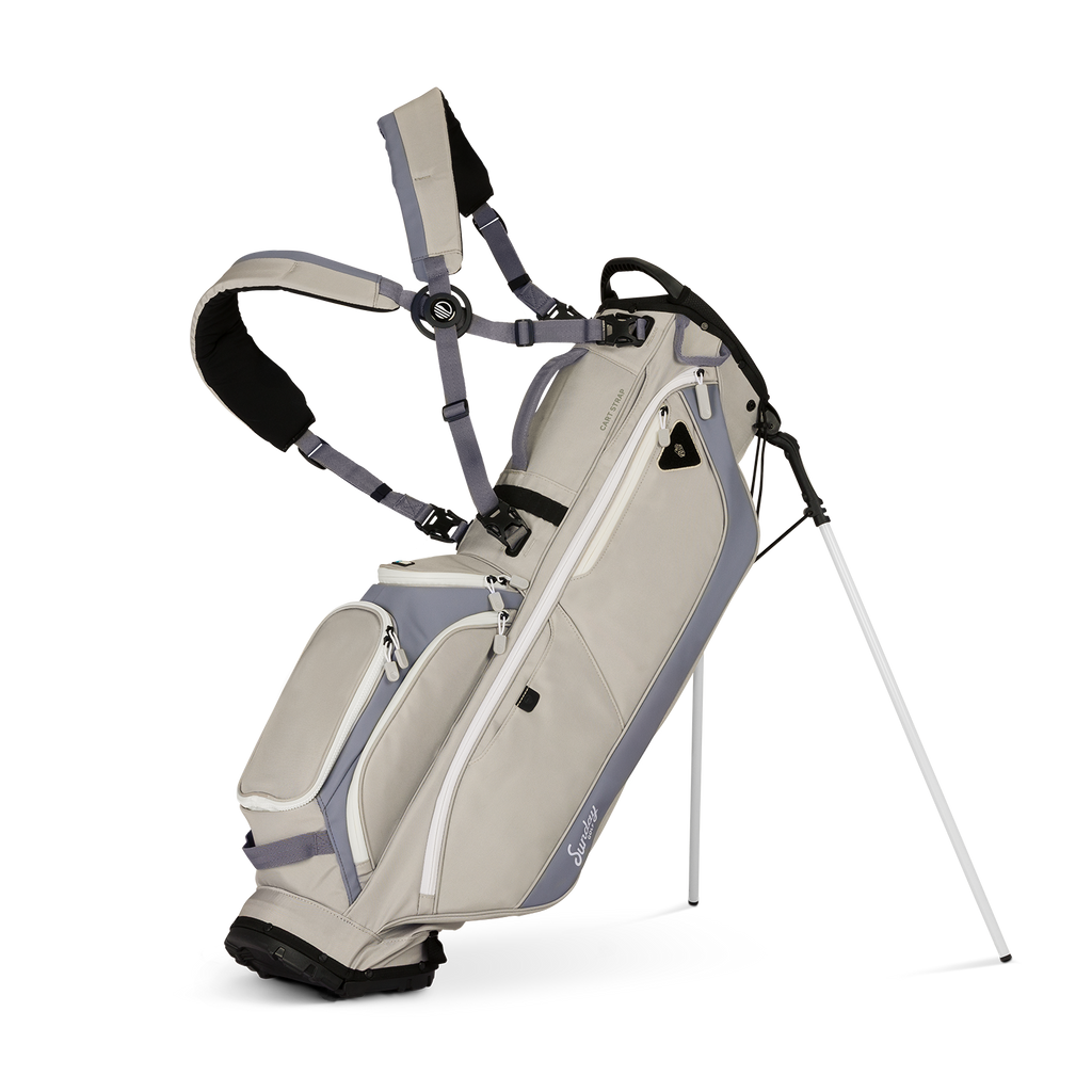 A full front shot of standing Ryder golf bag in Cool Gray with double strap