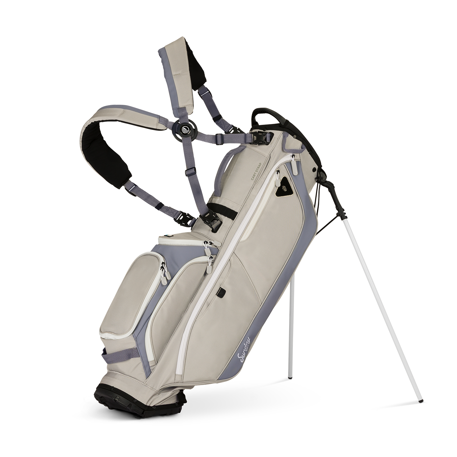 A full front shot of standing Ryder golf bag in Cool Gray with double strap