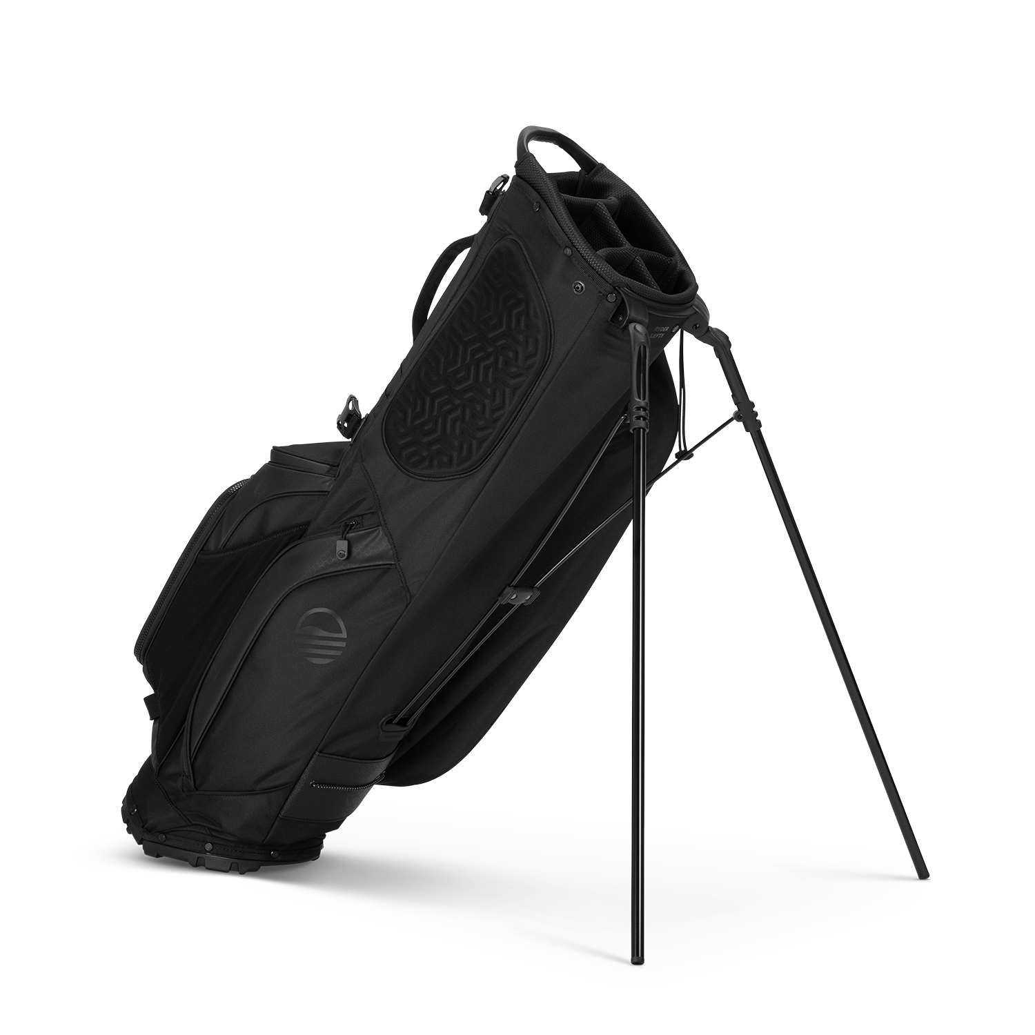 Black golf bag with stand on a white background