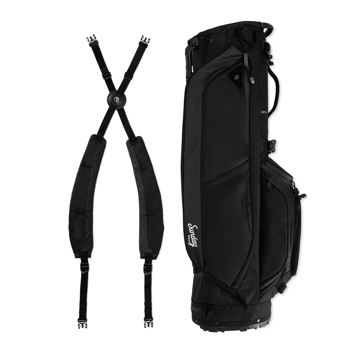 Black golf bag with straps on a white background
