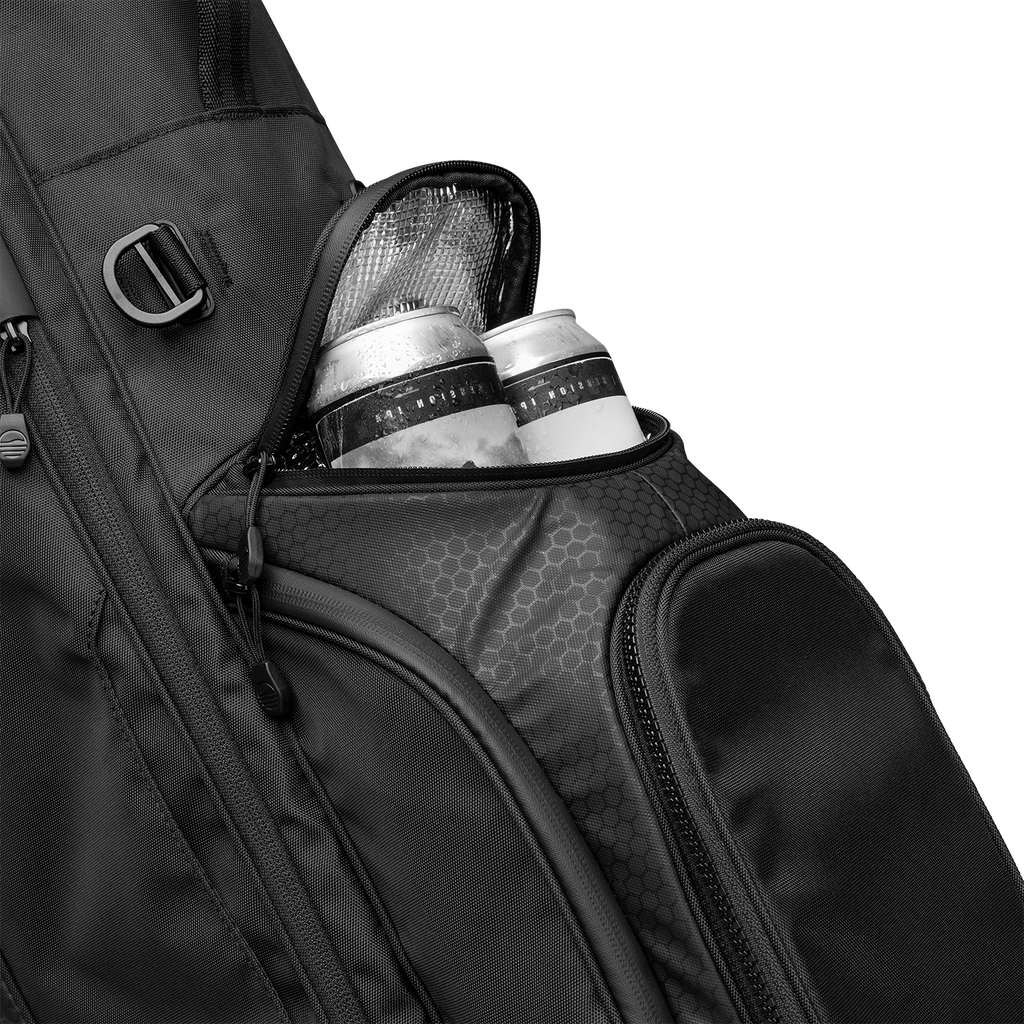 Black backpack with a front pocket containing two cans on a white background