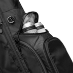 Black backpack with a front pocket containing two cans on a white background