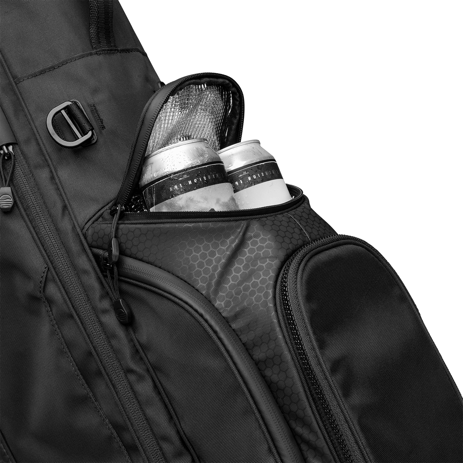Black backpack with a front pocket containing two cans on a white background