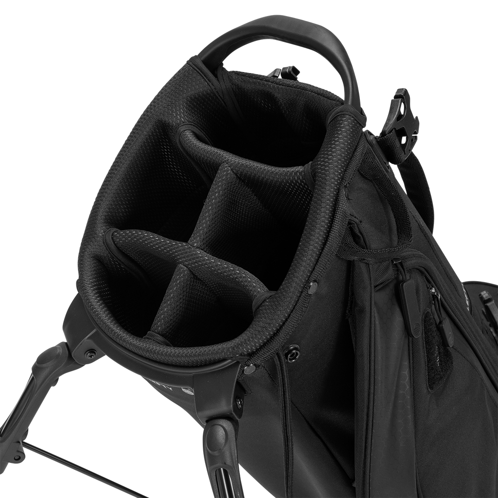 Black golf bag with multiple compartments on a white background