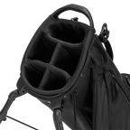 Black golf bag with multiple compartments on a white background