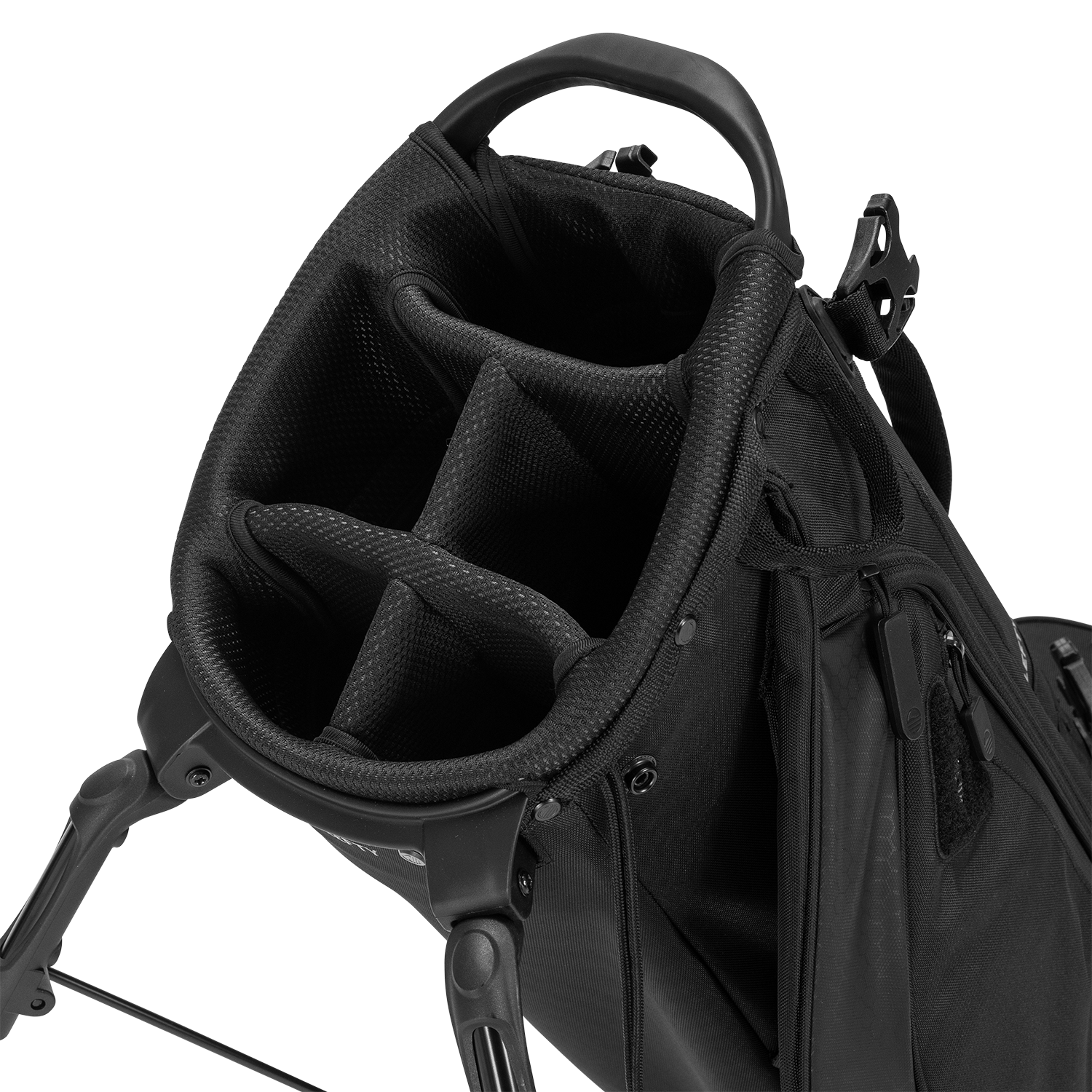 Black golf bag with multiple compartments on a white background