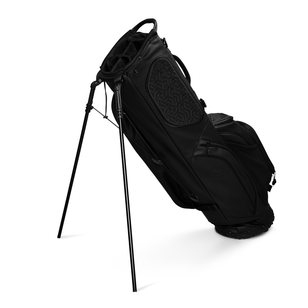 A full shot of standing Ryder S-Class golf bag in black vegan leather facing backward