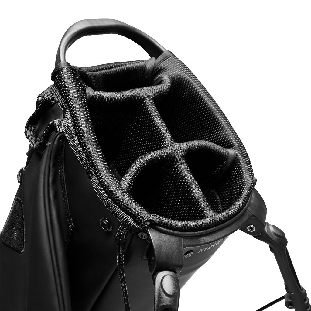A close up top view of a black vegan leather Ryder S-Class golf bag’s 5-way divider