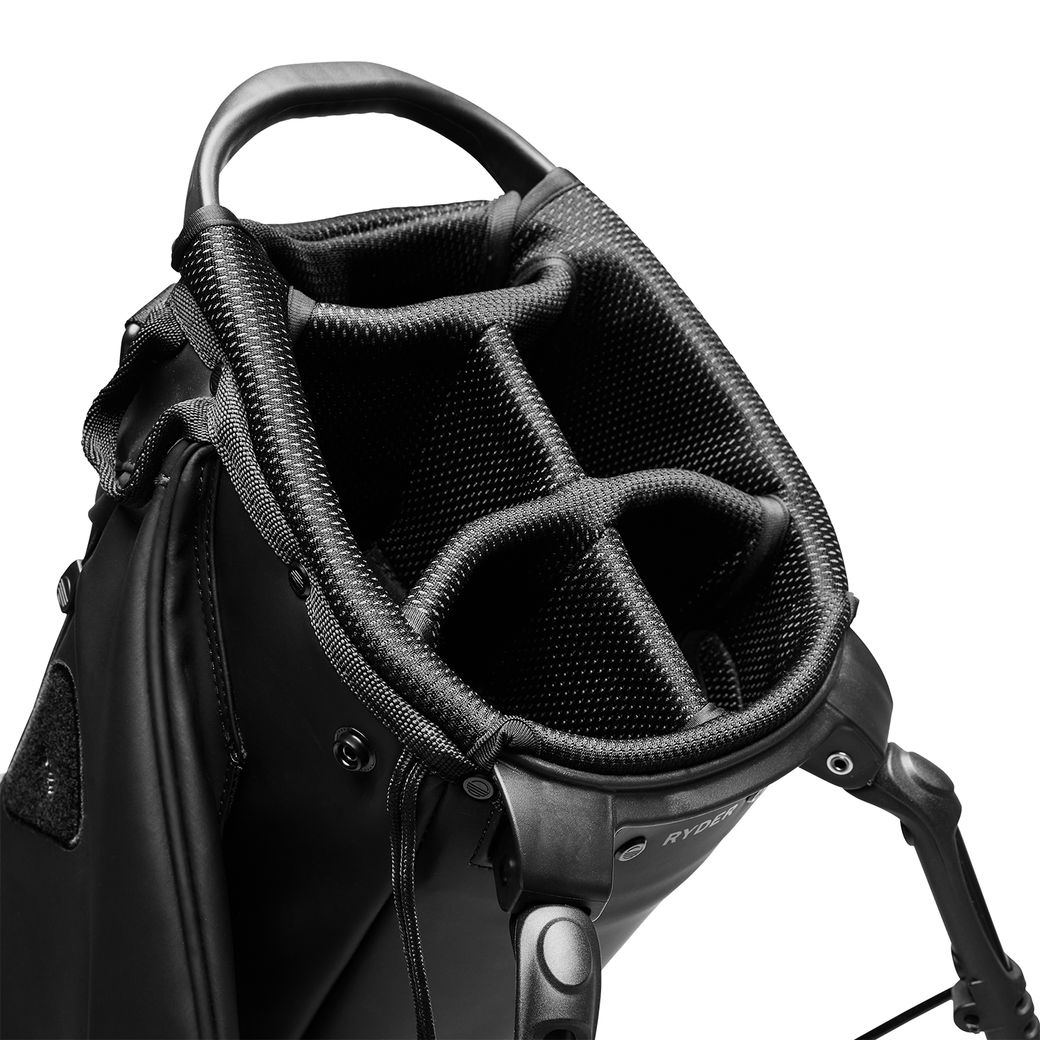 A close up top view of a black vegan leather Ryder S-Class golf bag’s 5-way divider