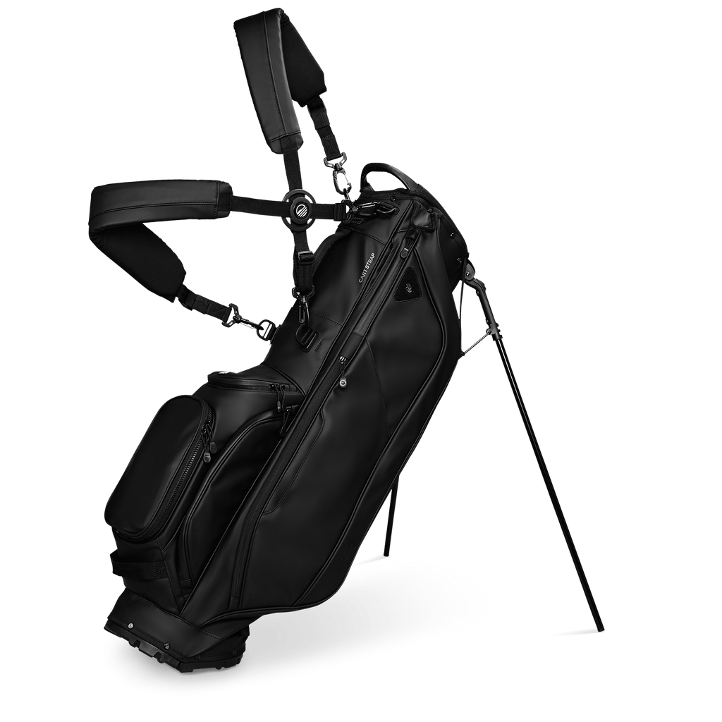 A full front shot of standing Ryder S-Class golf bag in black vegan leather with double strap