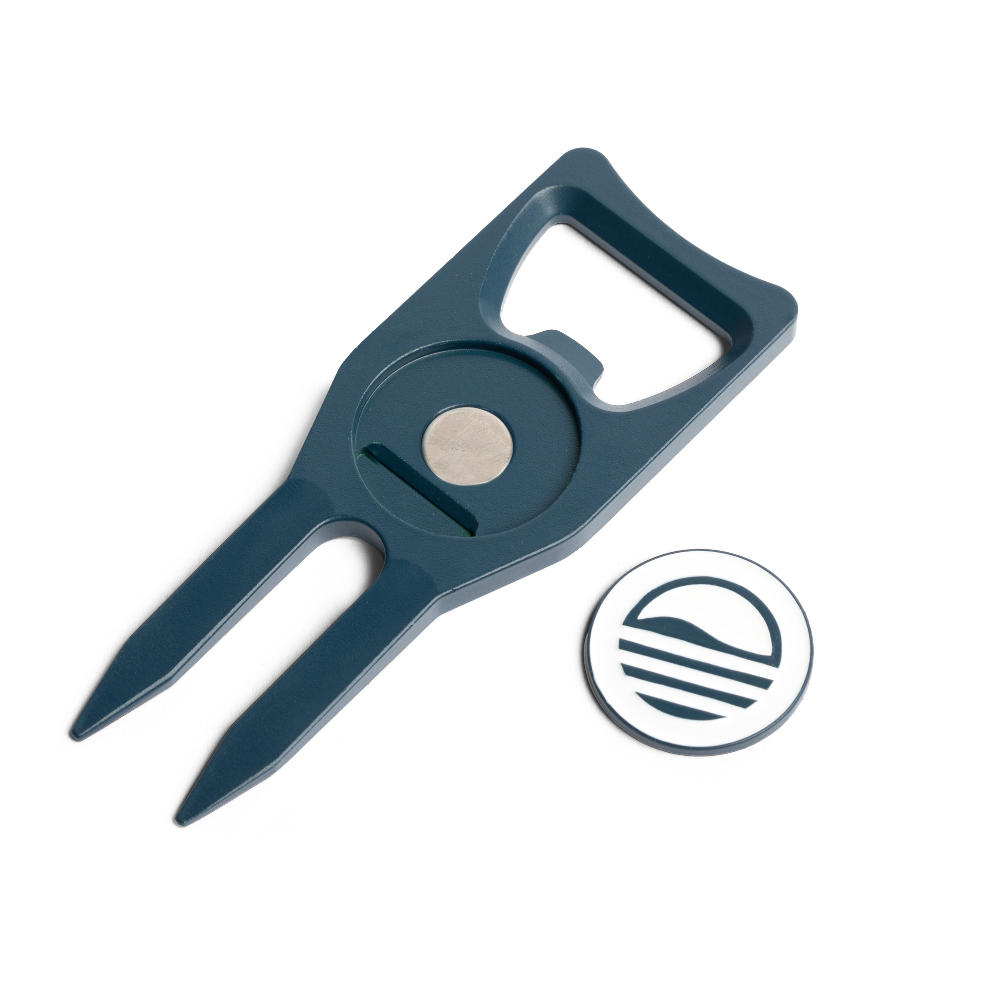 Teal Divot Tool with Sunday Golf sun logo and ball marker off and placed on the side showing the magnet inside. 