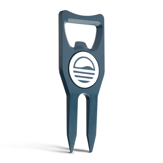 Teal Divot Tool with Sunday Golf sun logo in white and blue color