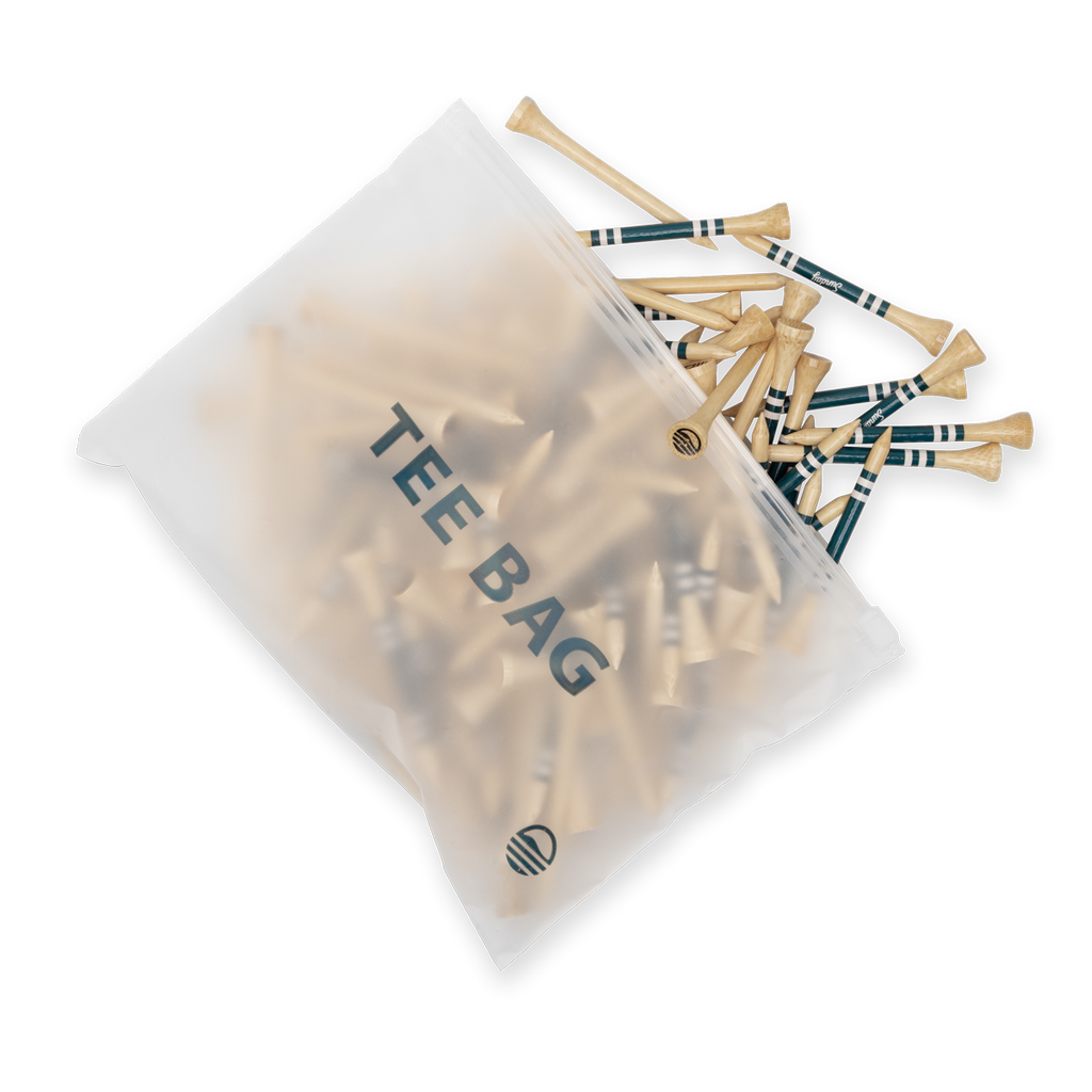 Bamboo golf tees spilling out of a ziplock tee bag