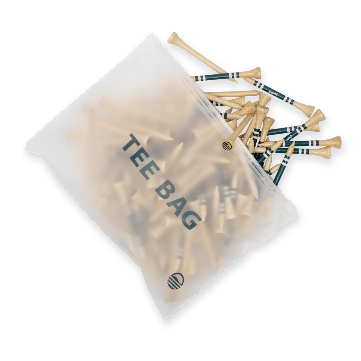 Bamboo golf tees spilling out of a ziplock tee bag