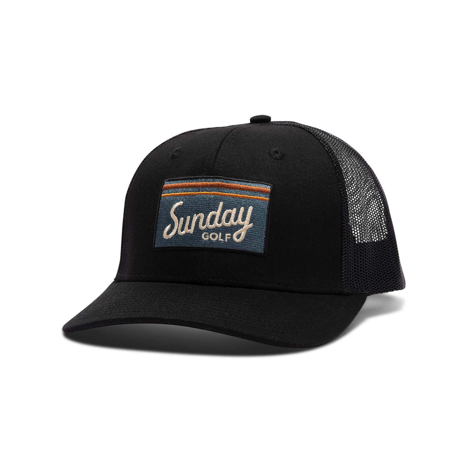 Front shot of black trucker golf hat