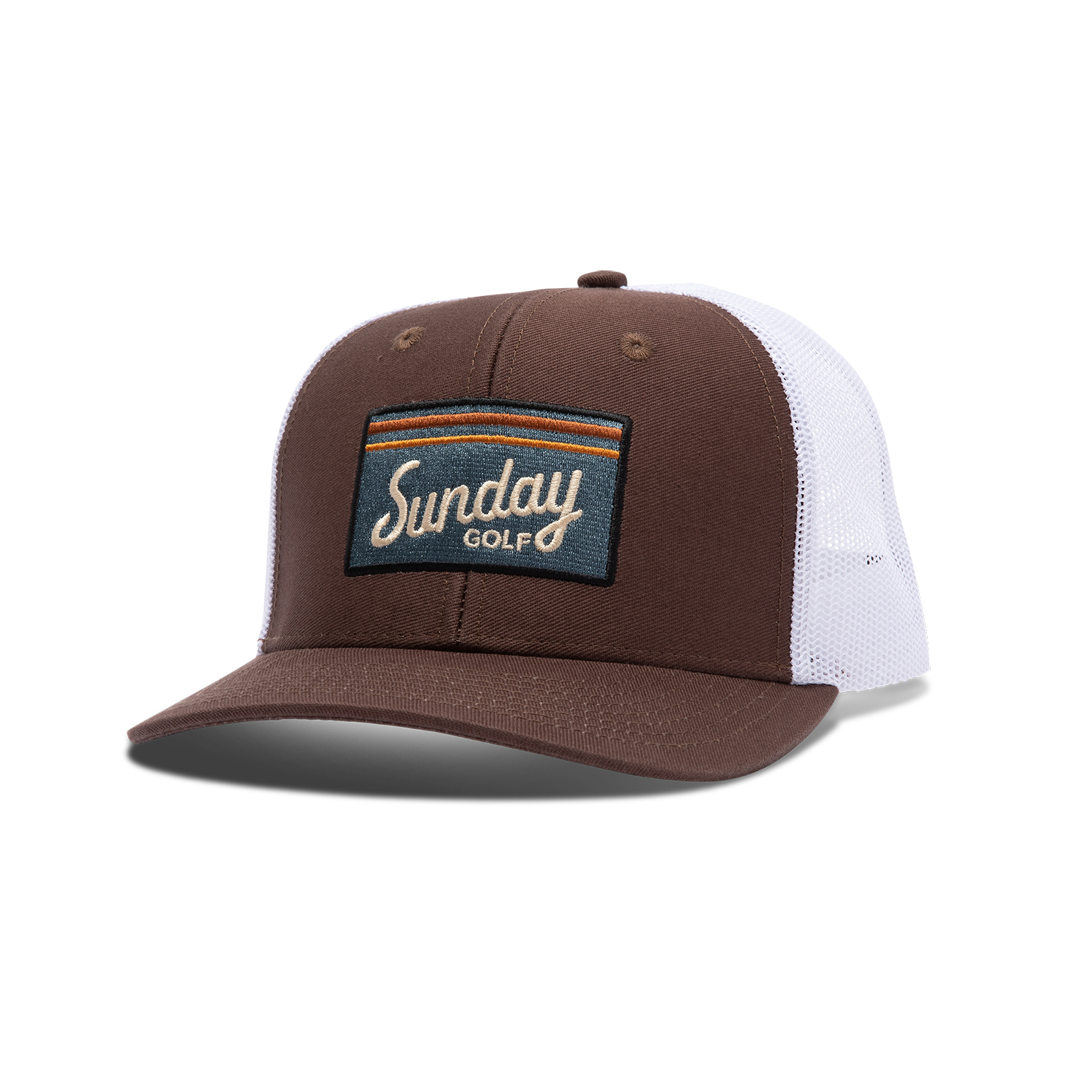 Front shot of brown and white trucker golf hat