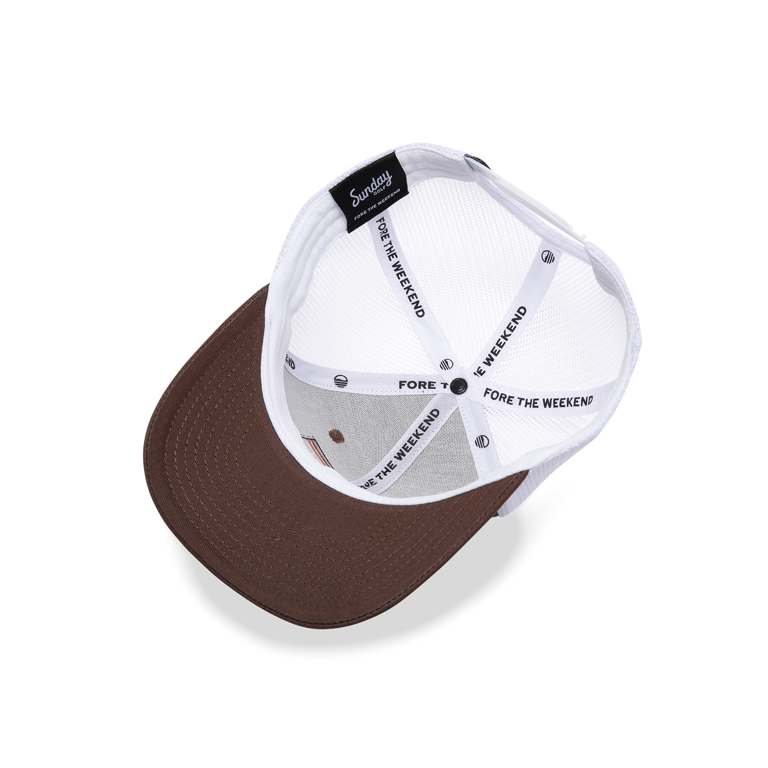 Upside Down View of brown and white trucker golf hat