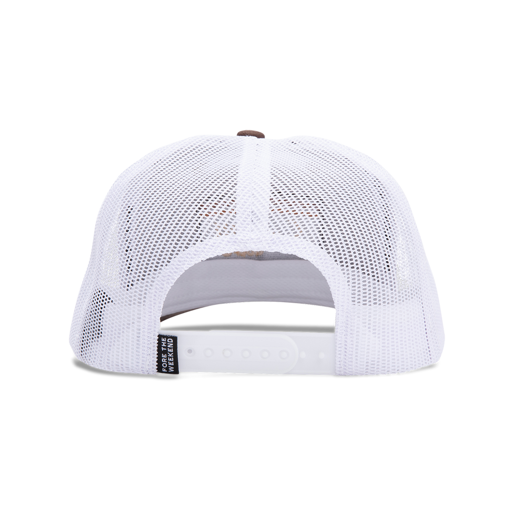 Back View of brown and white trucker golf hat