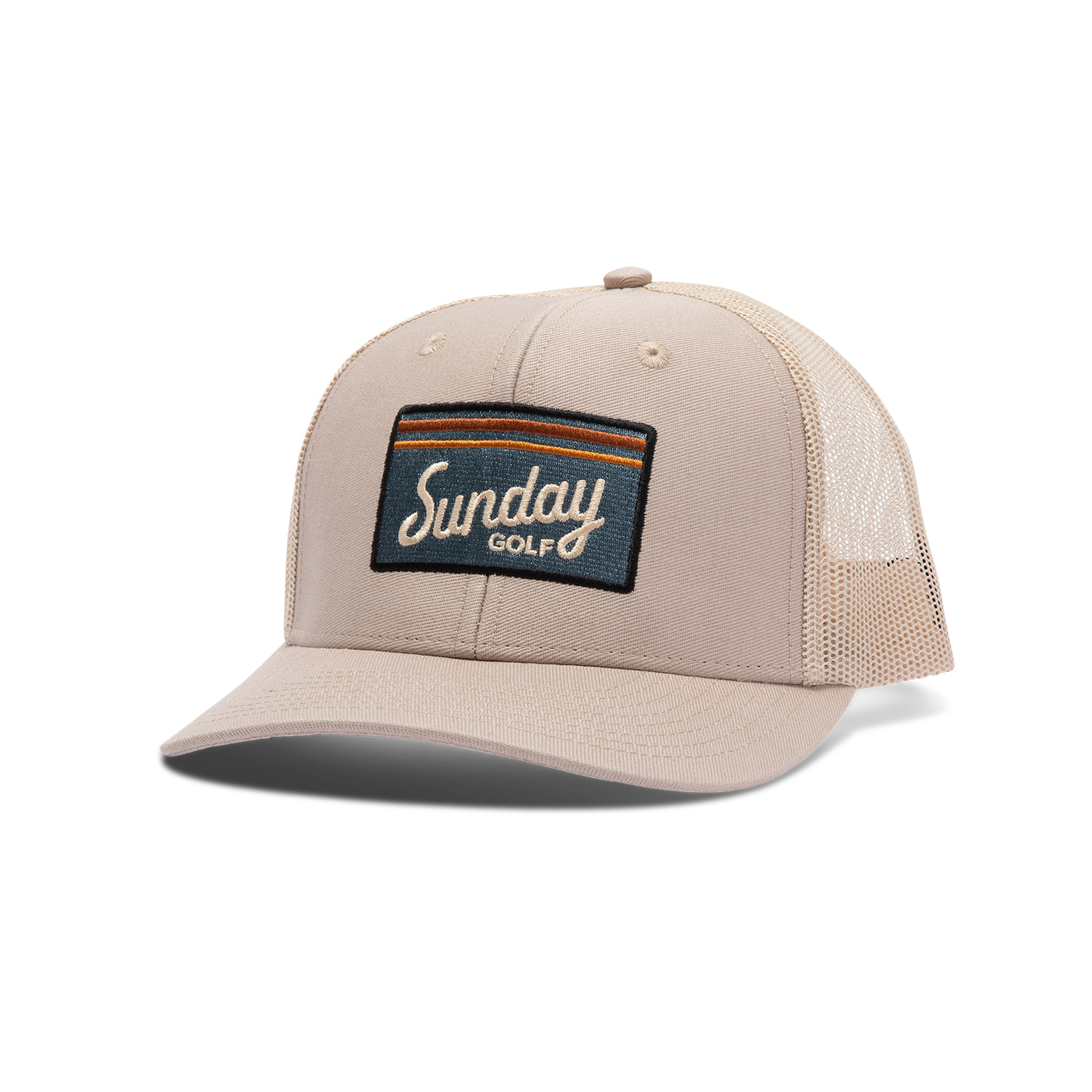 Front shot of tan trucker golf hat