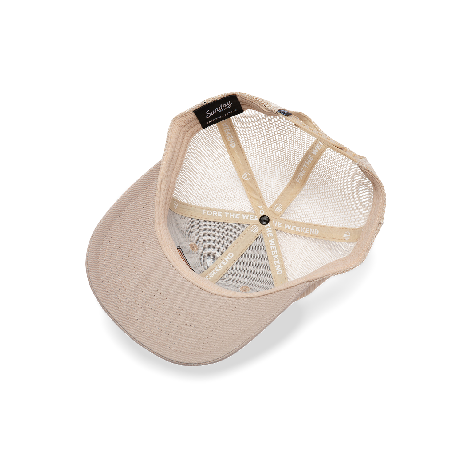 Upside Down shot of tan trucker golf hat