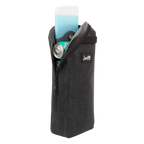 A front shot of welded waterproof big frosty golf cooler bag in charcoal unzipped showing an icepack and canned drinks inside