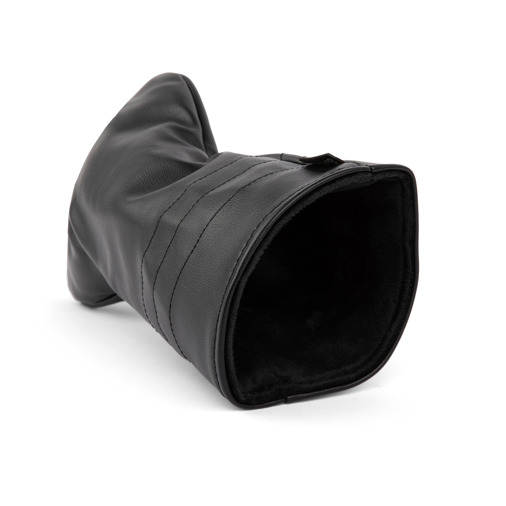 Inward shot of fairway wood golf headcover in black vegan leather
