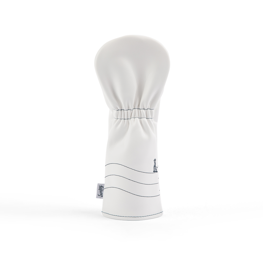 Rear shot of fairway wood golf headcover in white and navy vegan leather
