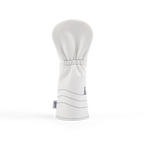 Rear shot of fairway wood golf headcover in white and navy vegan leather
