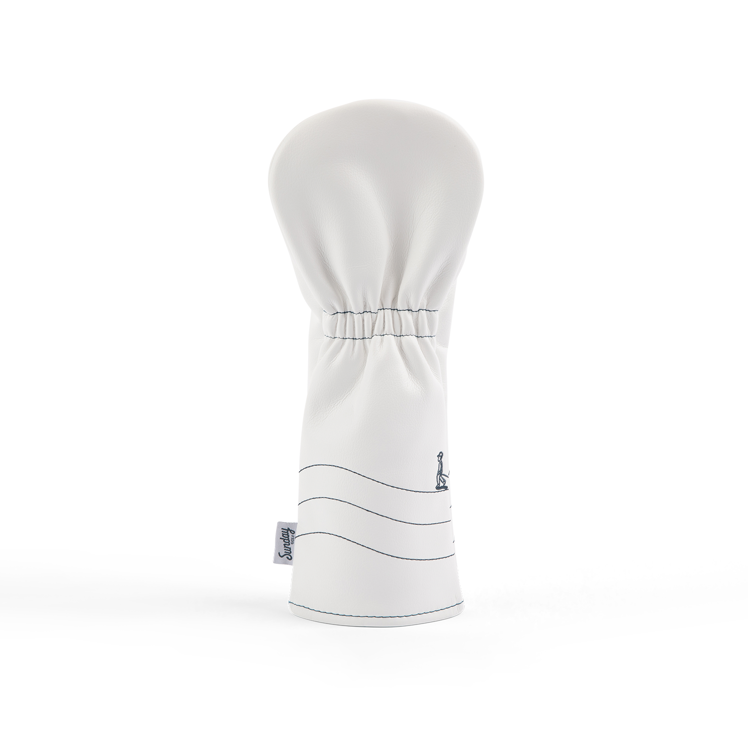 Rear shot of fairway wood golf headcover in white and navy vegan leather
