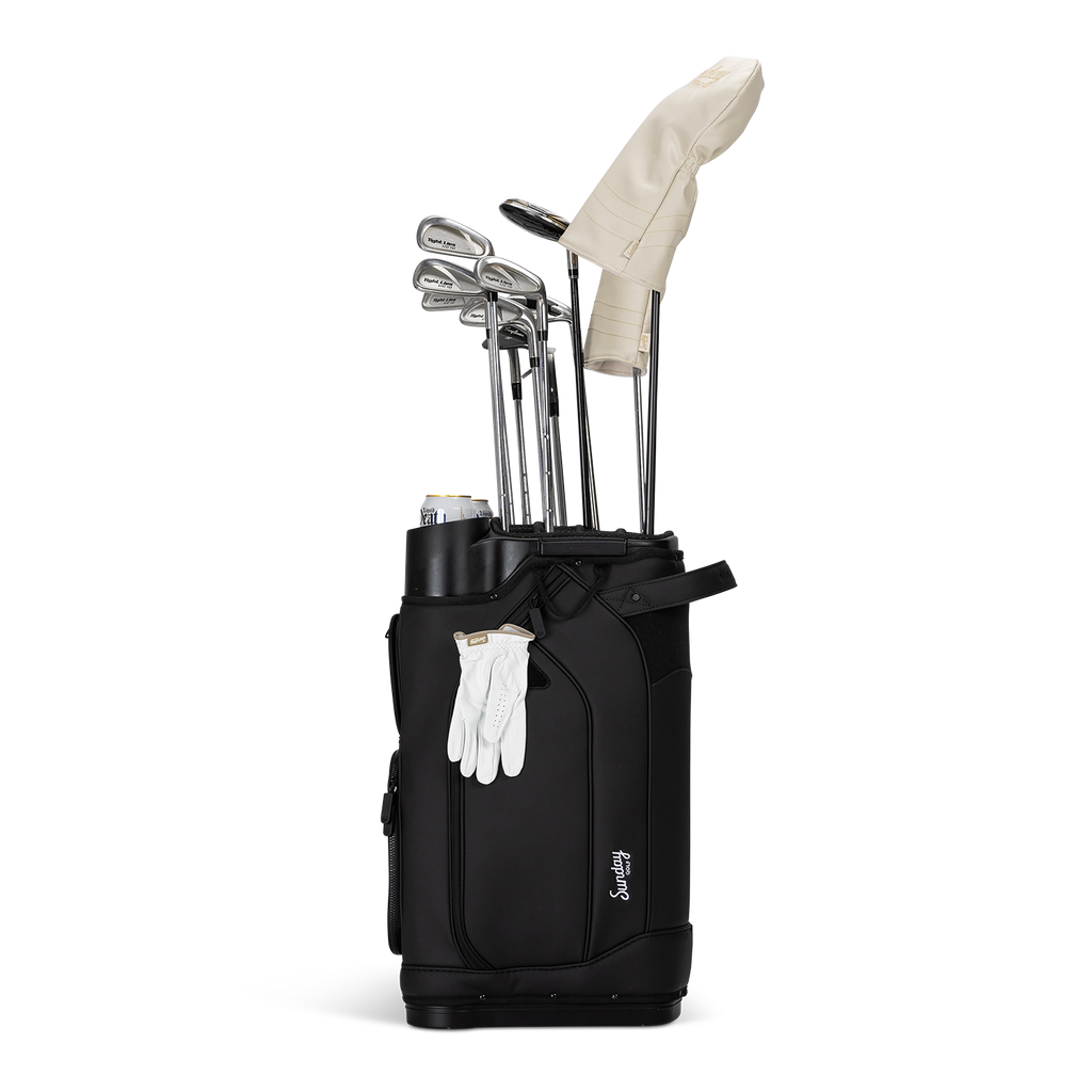 Sunday Golf's Simmy golf bag with golf clubs, headcovers and golf gloves