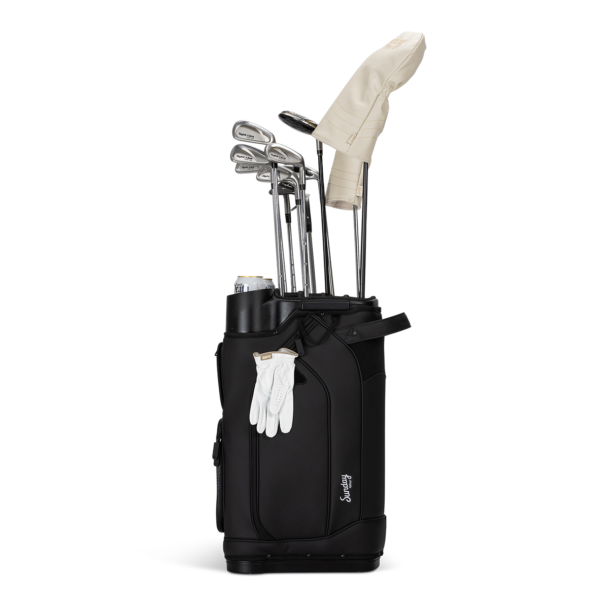 Sunday Golf's Simmy golf bag with golf clubs, headcovers and golf gloves