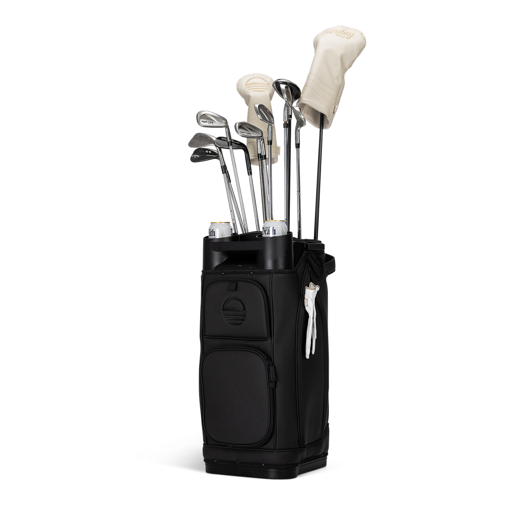 Sunday Golf's Simmy golf bag with golf clubs, headcovers and golf gloves