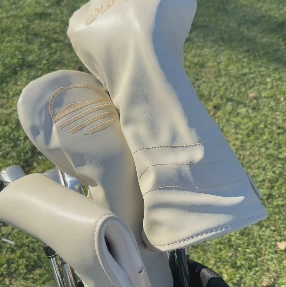 Toasted Almond Headcovers showing some features like the inner fleece fabric, the magnetic closure, and the vegan leather 