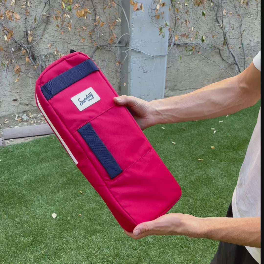 A video showing how to use the big frosty golf cooler bag in red and blue and the functions