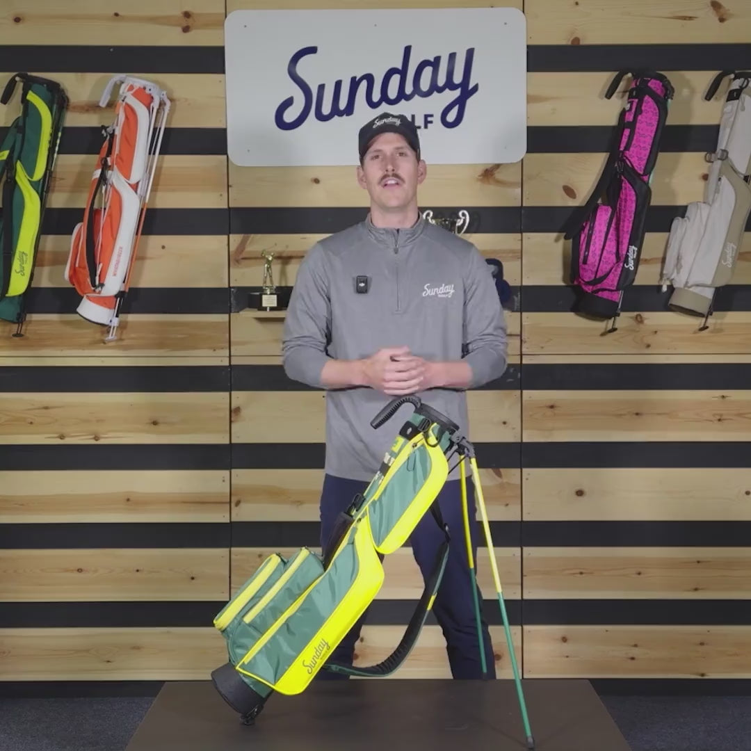 A guy explaining different features of the Loma bag from Sunday Golf