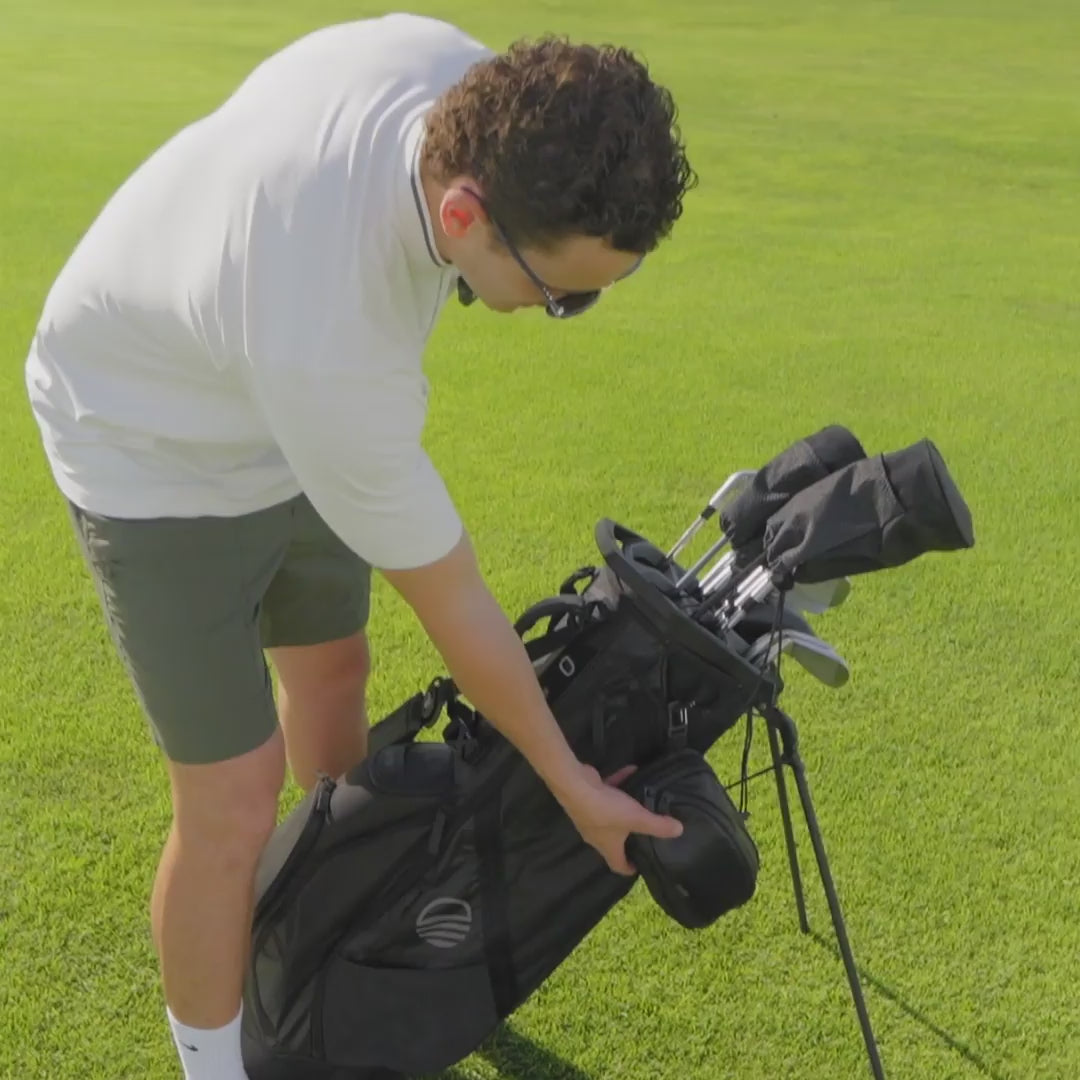 A video discussing how to maximize the use of black sling bag for Ranger golf bag