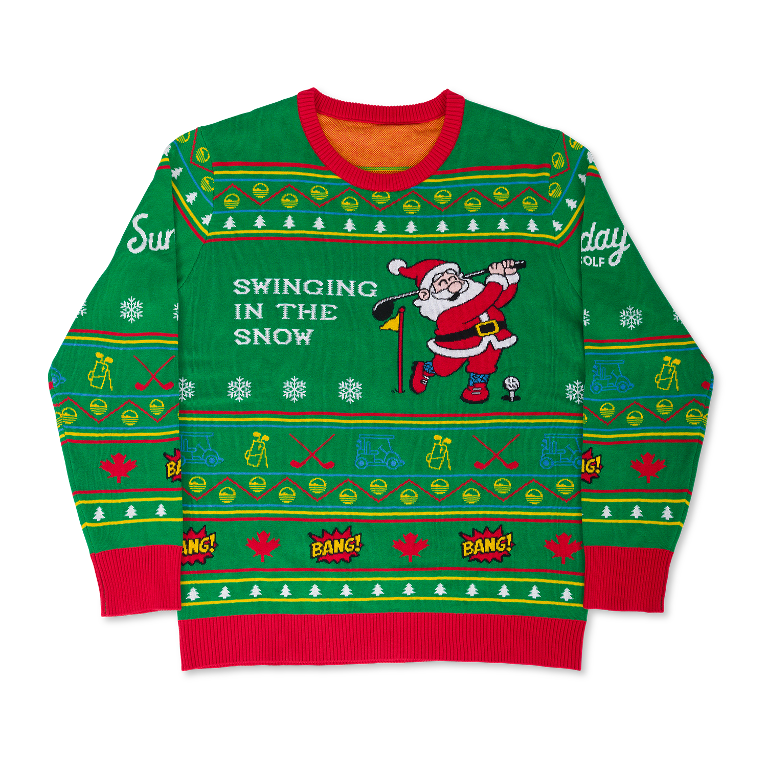 Flatlay view of the Ugly sweater with Santa Claus swinging a golf club