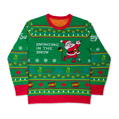 Flatlay view of the Ugly sweater with Santa Claus swinging a golf club