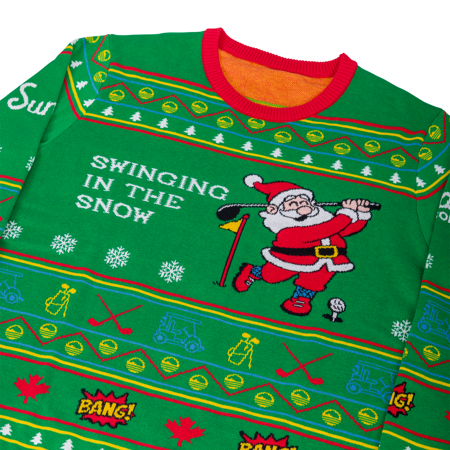 Close up look of the Ugly sweater with Santa Claus swinging a golf club