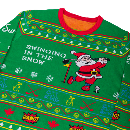 Close up look of the Ugly sweater with Santa Claus swinging a golf club
