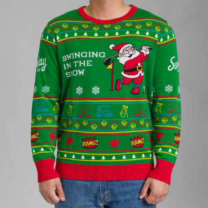 Front view of the Ugly sweater with Santa Claus swinging a golf club