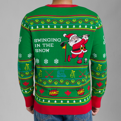 Back view of the Ugly sweater with Santa Claus swinging a golf club