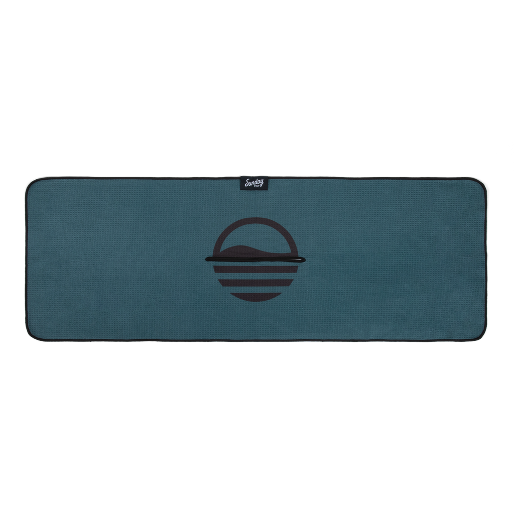Midnight green golf towel with black Sunday Golf logo front 
